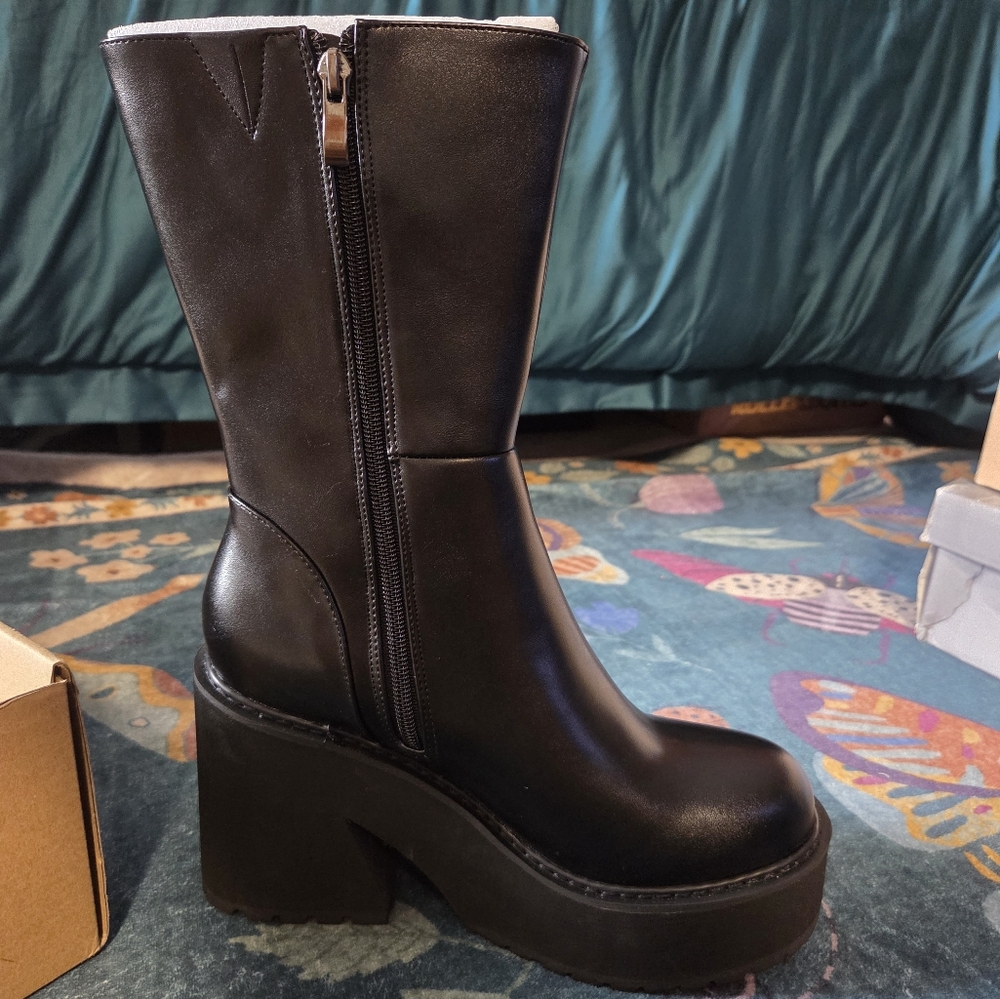 Black Heeled Platform Combat Boots - Picture 3 of 6